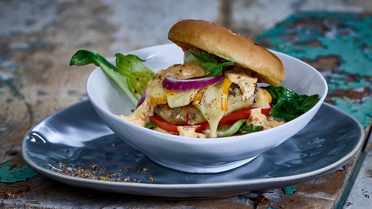 Portobello Krabbenburger, vegetarischer Burger mit Pilzen