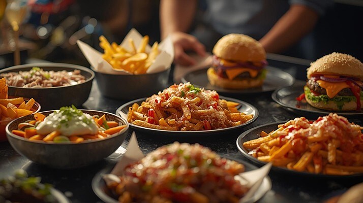 Tisch mit kreativen Bowls, Burgern & Co. und Loaded Fried