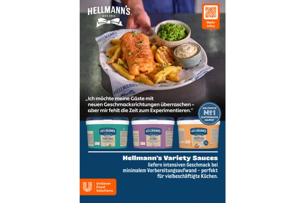 Drei Hellmann’s Saucen, Aioli, Tartar und Cocktail auf einer Küchenarbeitsfläche