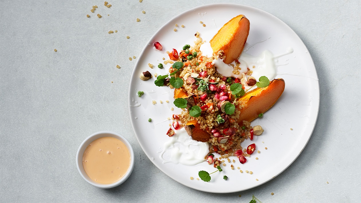 Gerösteter Ahorn - Chili - Kürbis mit Quinoa – Gerösteter Ahorn - Chili - Kürbis mit Quinoa –