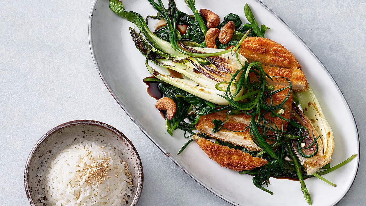 Wokpfanne mit Spinat, Crispy-Streifen und Basmatireis – Wokpfanne mit Spinat, Crispy-Streifen und Basmatireis –