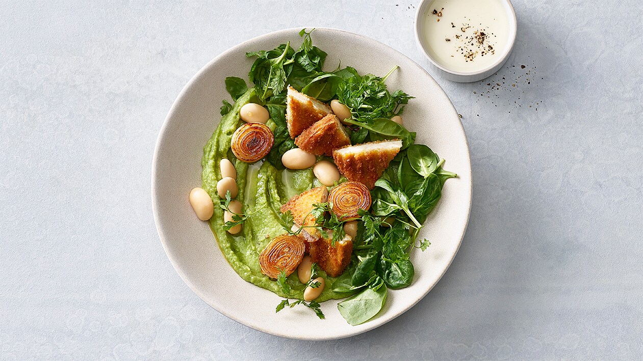 Weiße Bohnen-Zwiebelhumus-Bowl mit Crispy-Burger –  