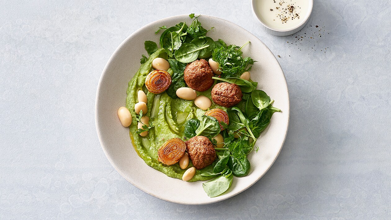 Weißebohnen-Zwiebelhumus-Bowl mit Vegetarian Minced Balls –  