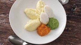 Zander mit Kartoffelpüree und Gemüse pürierte Kost Zander mit Kartoffelpüree und Gemüse pürierte Kost