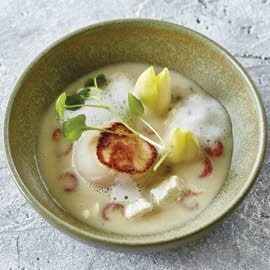 Chicorée-Suppe mit Jakobsmuscheln und Krabben Chicorée-Suppe mit Jakobsmuscheln und Krabben