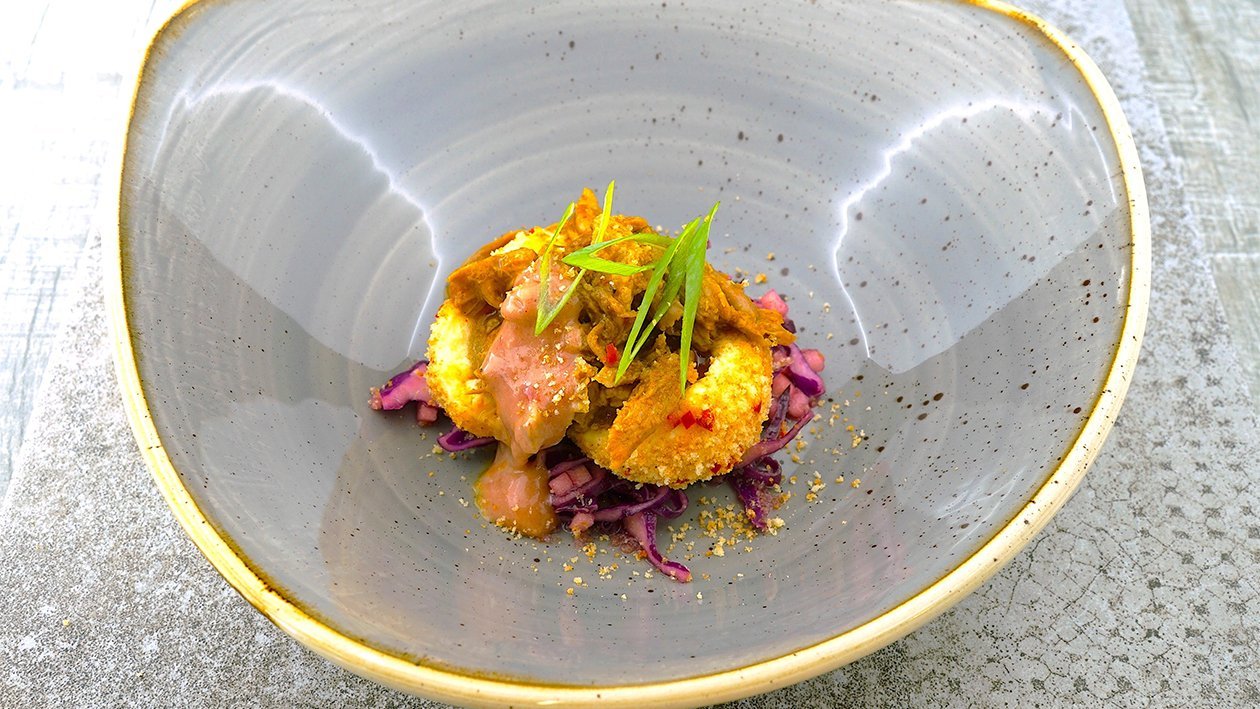 Pulled Duck mit Crunchy Marillen Knödel und Rotkrautsalat – Pulled Duck mit Crunchy Marillen Knödel und Rotkrautsalat –