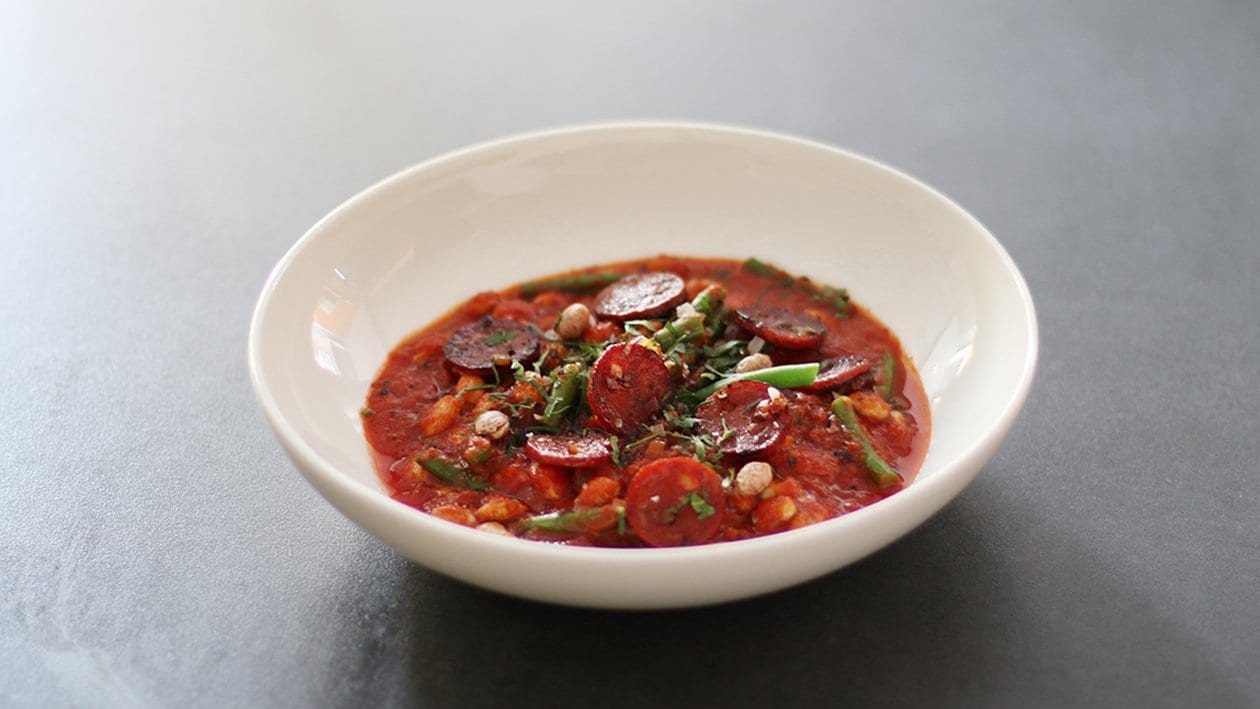 Tomate/Wachtelbohnen/Chorizo Suppe –  