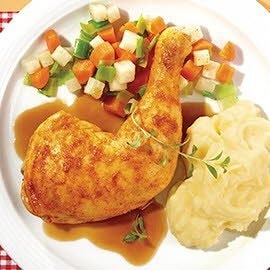 Hähnchenkeulchen mit Wurzelgemüse und Erdäpfelstampf