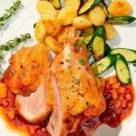 Geschmorte Putenkeule mit karamellisierter Birnen-Specksauce und Gnocchi-Zucchinipfanne Geschmorte Putenkeule mit karamellisierter Birnen-Specksauce und Gnocchi-Zucchinipfanne