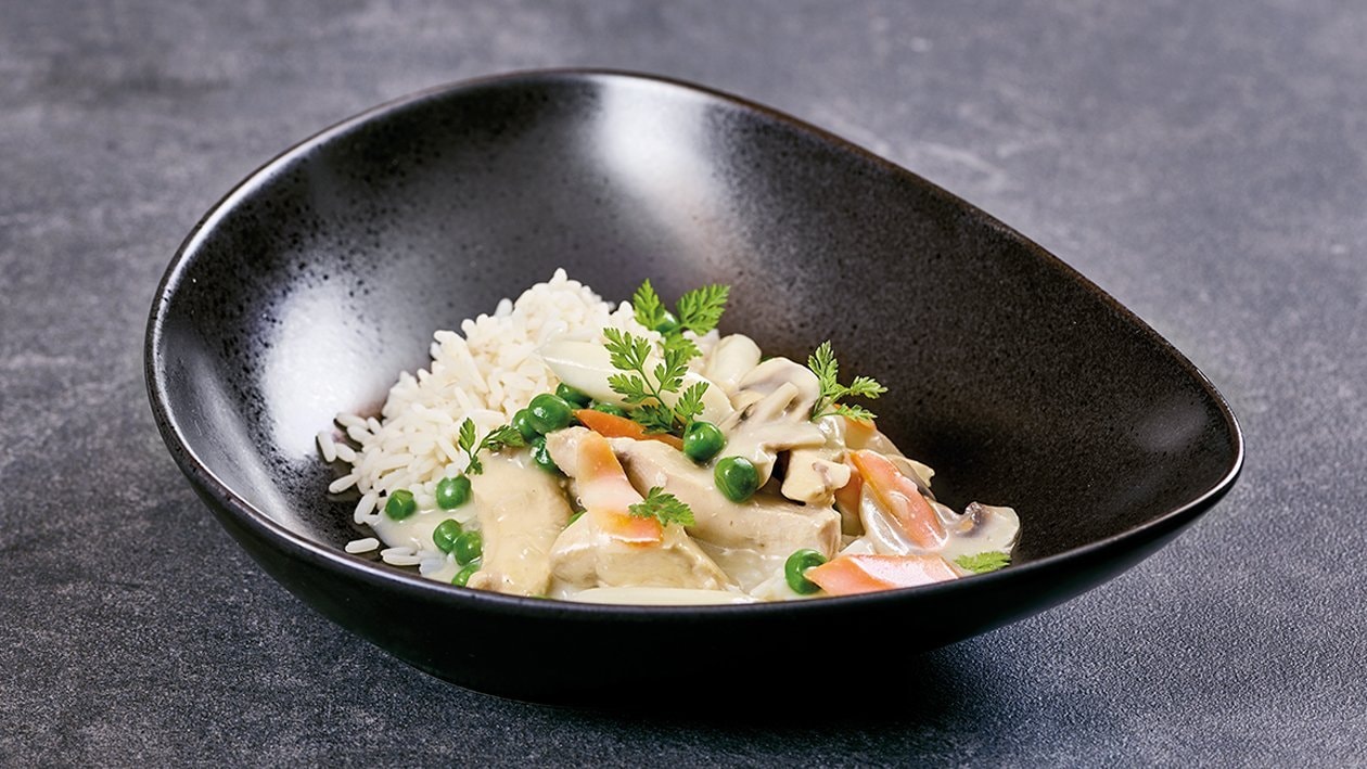 Hühnerfrikassee/Reis/cremige Sauce