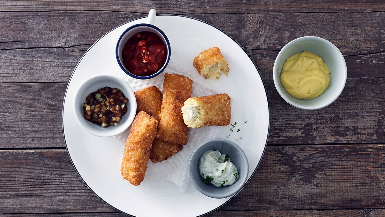 Rösti-Schmankerl mit Frischkäse-Kräuter-Füllung mit Dip Saucen –  