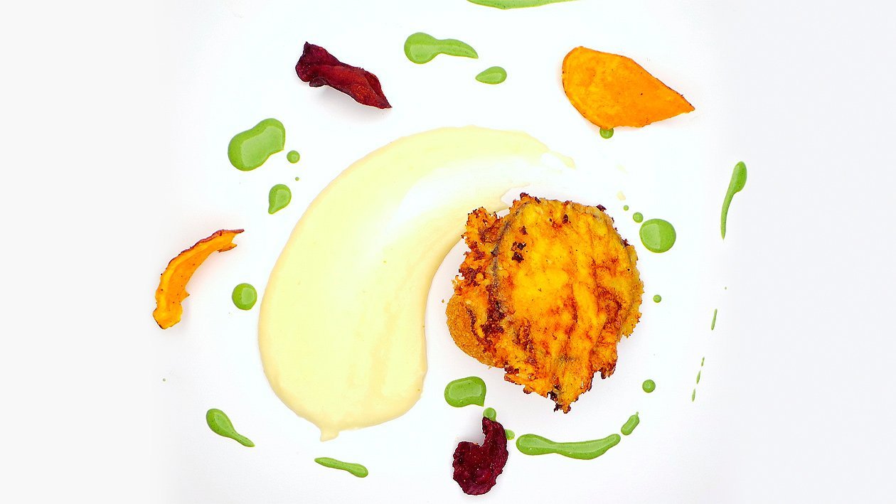 Grießknödel - Pastinake - Aubergine - Petersilie Grießknödel - Pastinake - Aubergine - Petersilie