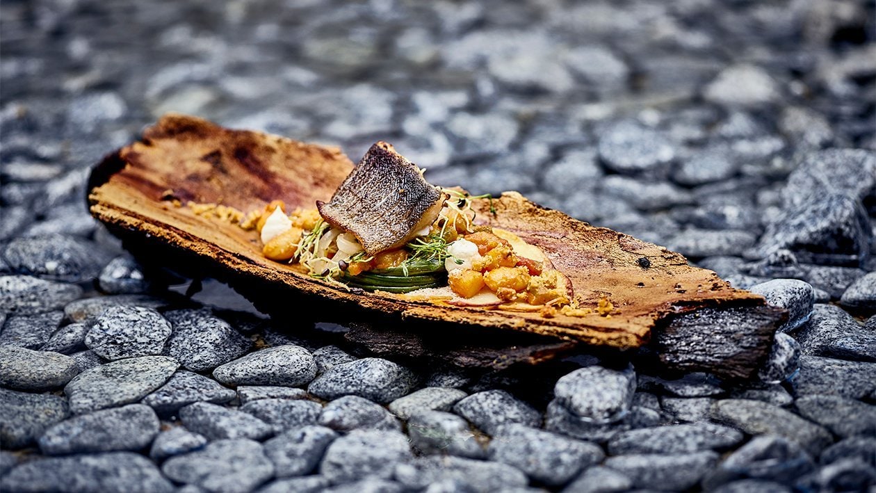 Gebratenes Huchenfilet auf Curry-Bohnengemüse mit Kartoffel-Crumble