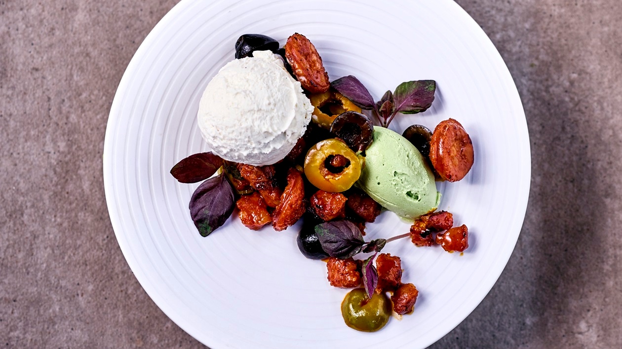 Olivenöl, Carte D’Or Vanille, Süsskartoffel und Chorizo-Oliven-Salat –  