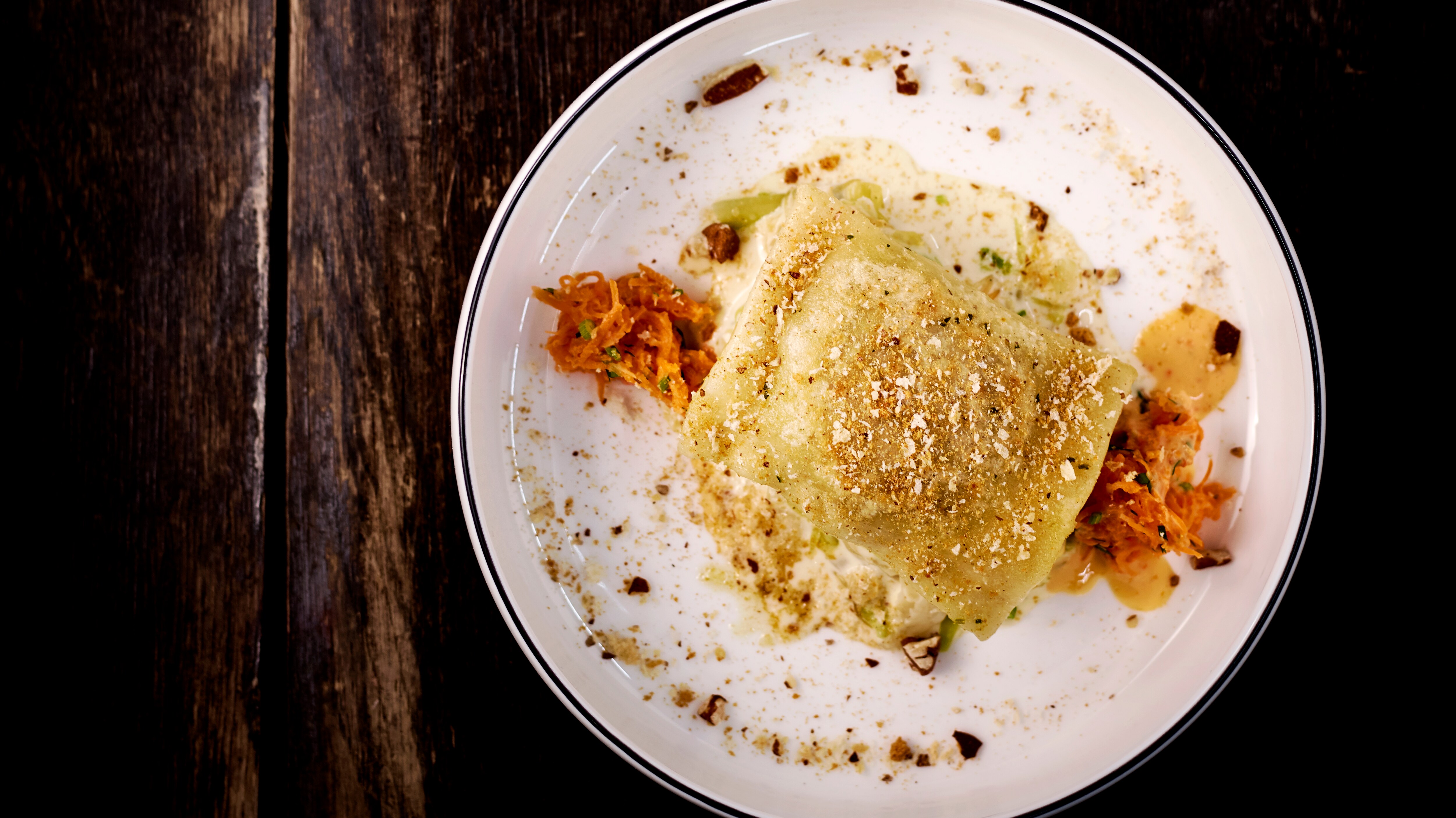 Grilled Noodle Bag / Smoked Hispi Cabbage / Carrot Salsa Grilled Noodle Bag / Smoked Hispi Cabbage / Carrot Salsa