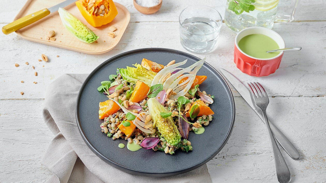 Kürbis Linsen Salat mit Avocado Apple Dressing – Kürbis Linsen Salat mit Avocado Apple Dressing –