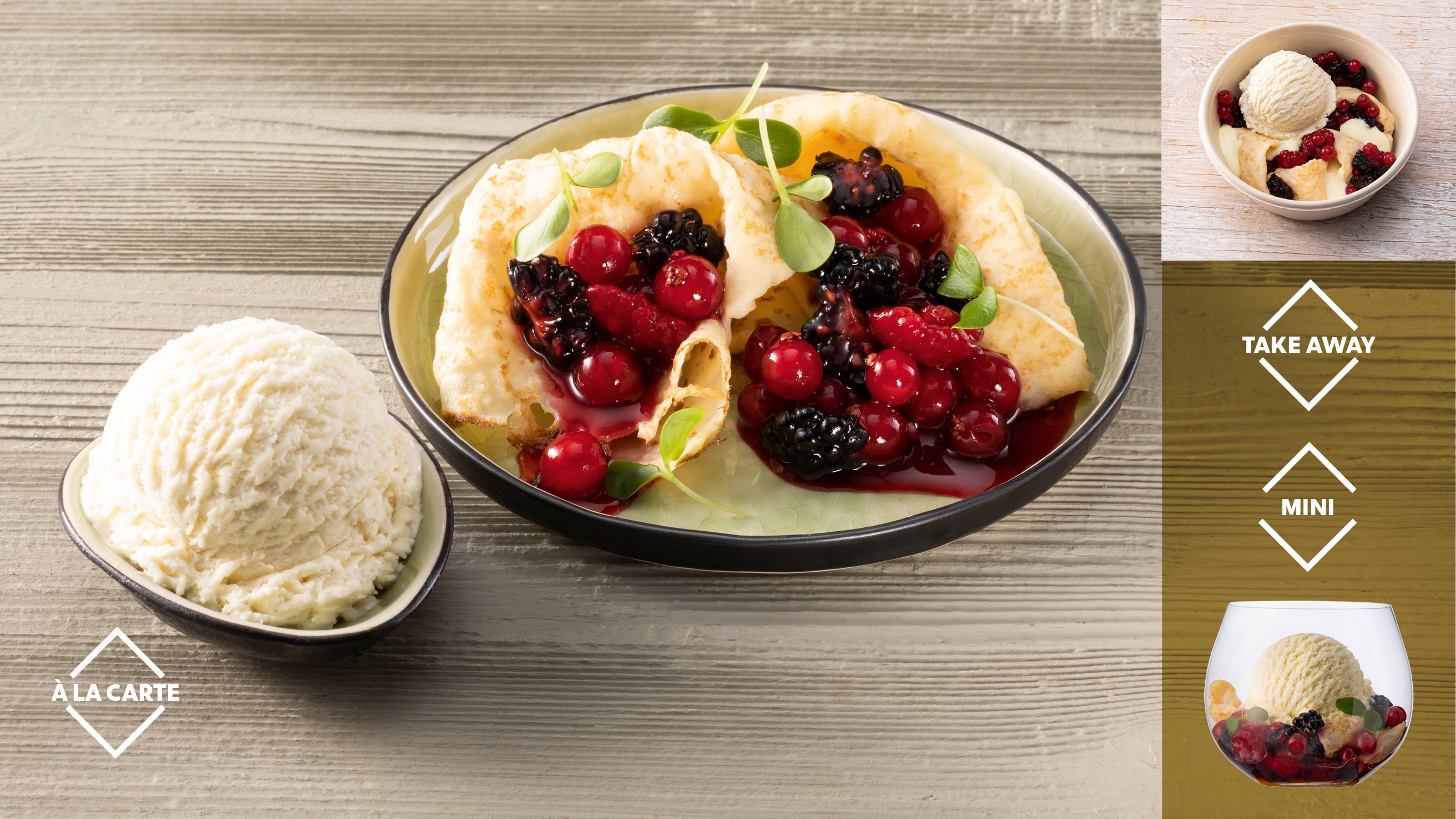 Gefüllter warmer Crêpe mit Beerenfrüchten und Bourbon- Vanille Eis Gefüllter warmer Crêpe mit Beerenfrüchten und Bourbon- Vanille Eis