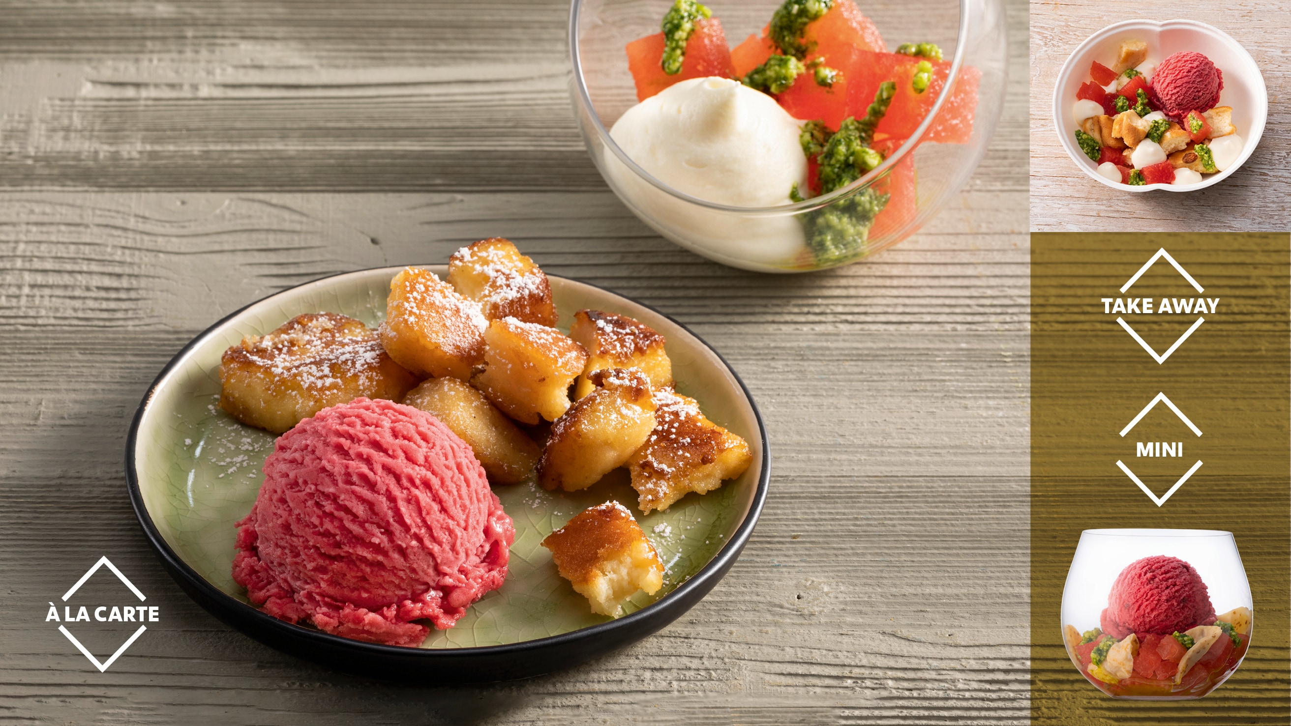 Gerissener Pfannkuchen mit Himbeer Sorbet, Wassermelone mit Pesto und Vanillecreme Gerissener Pfannkuchen mit Himbeer Sorbet, Wassermelone mit Pesto und Vanillecreme