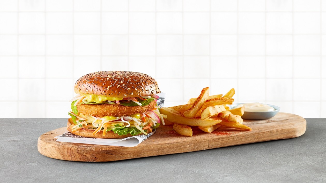 Crispy NoChicken Burger mit Mango-Mayo – Crispy NoChicken Burger mit Mango-Mayo –