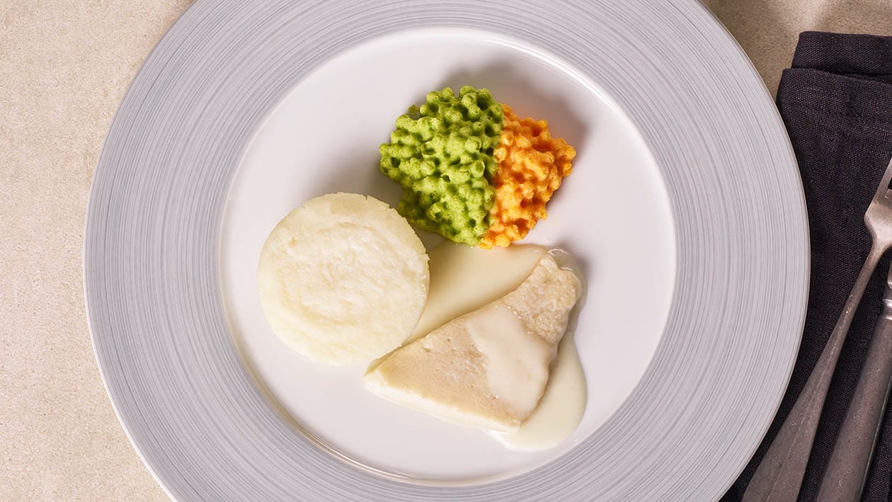 Fisch, Erbsen und Karotten mit Reis, Zitronen-Velouté –  