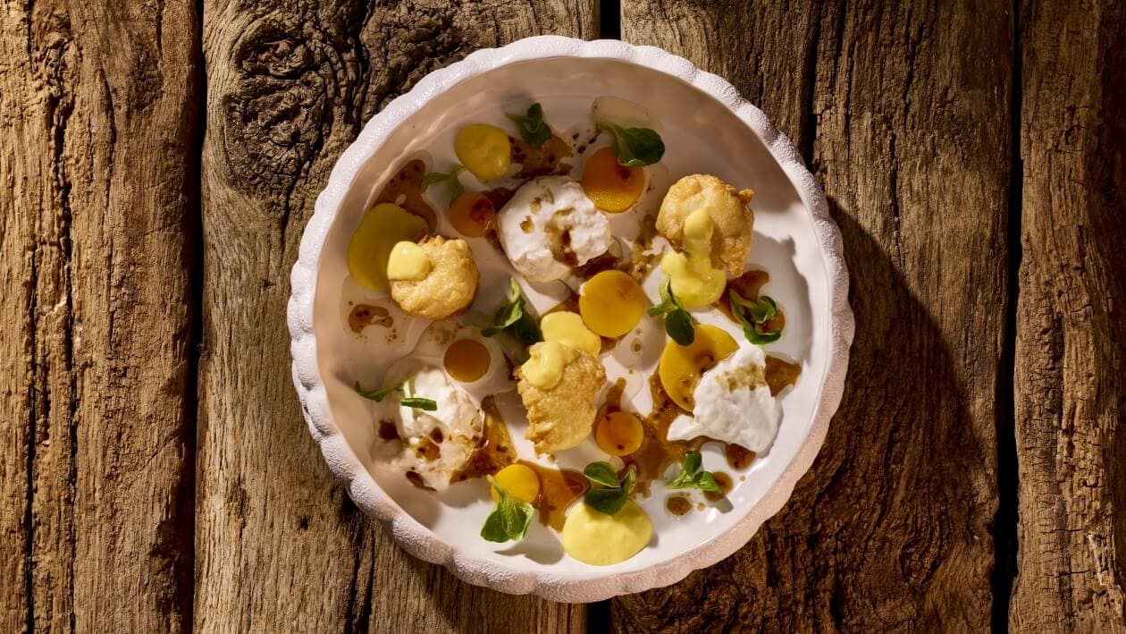 Tempura-Hollandaise Lachs, Mangomousseline, Buratta, Feldsalat und Sesam Soja Vinaigrette –  