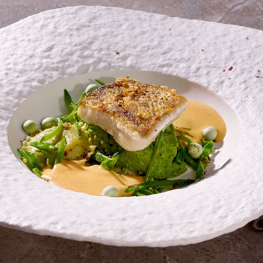 Gratiniertes Spargelgemüse mit Bergamotte-Ginger-Beer und Roggen-Sauerteigpüree