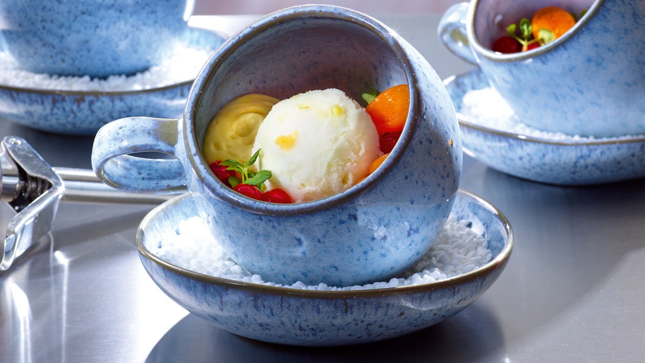 Frische Johannisbeeren und Physalis, Vanille-Ingwer Schaum, cremiges Sorbet von der Zitrone –  