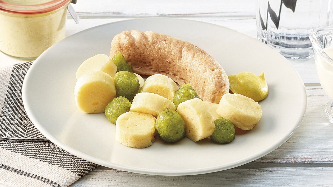 Grillierte Bockwurst mit Kartoffelsalat in pürierter Form –  