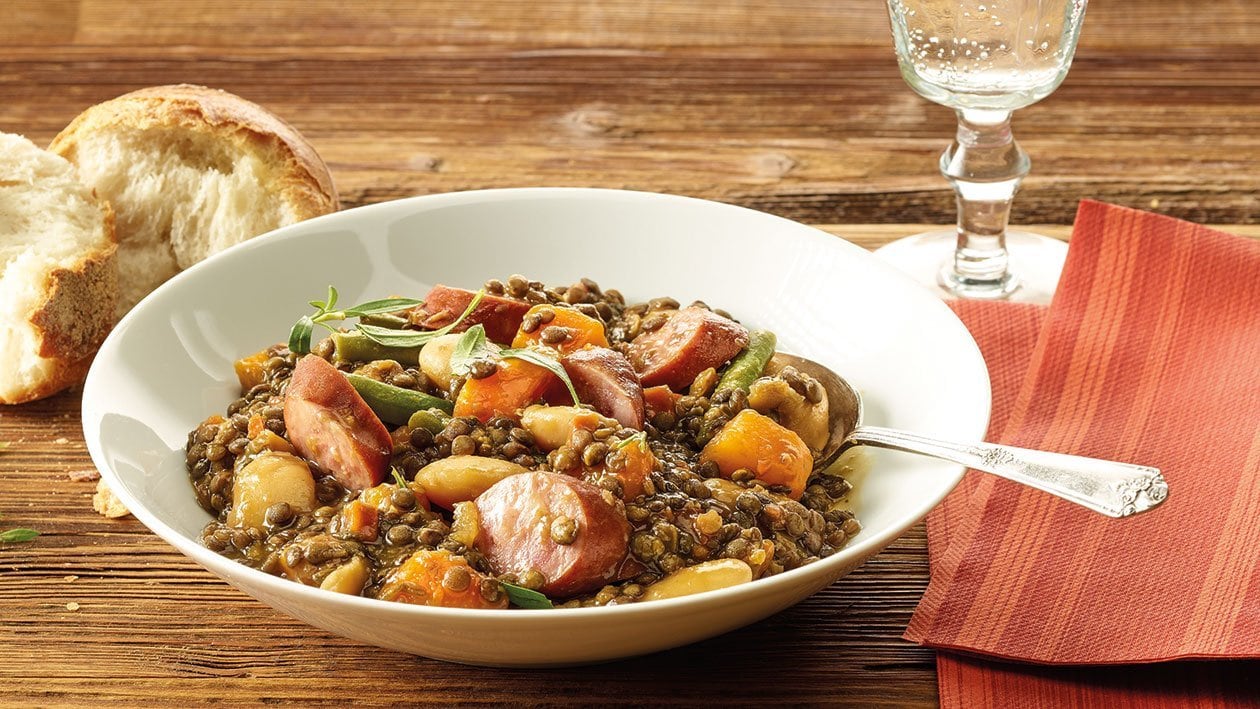 Rezept für Kürbis-Linsen-Eintopf mit deftiger Wurst