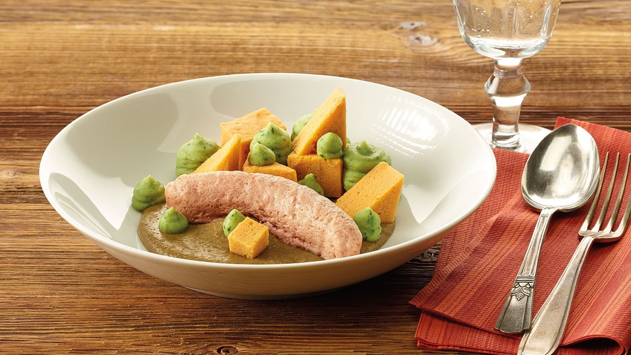 Kürbis-Linsen-Eintopf mit Wurst in pürierter Form – Kürbis-Linsen-Eintopf mit Wurst in pürierter Form –