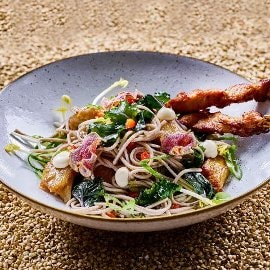 Buchweizen- Nudelsalat mit Limonen Sauce mit BBQ Chicken