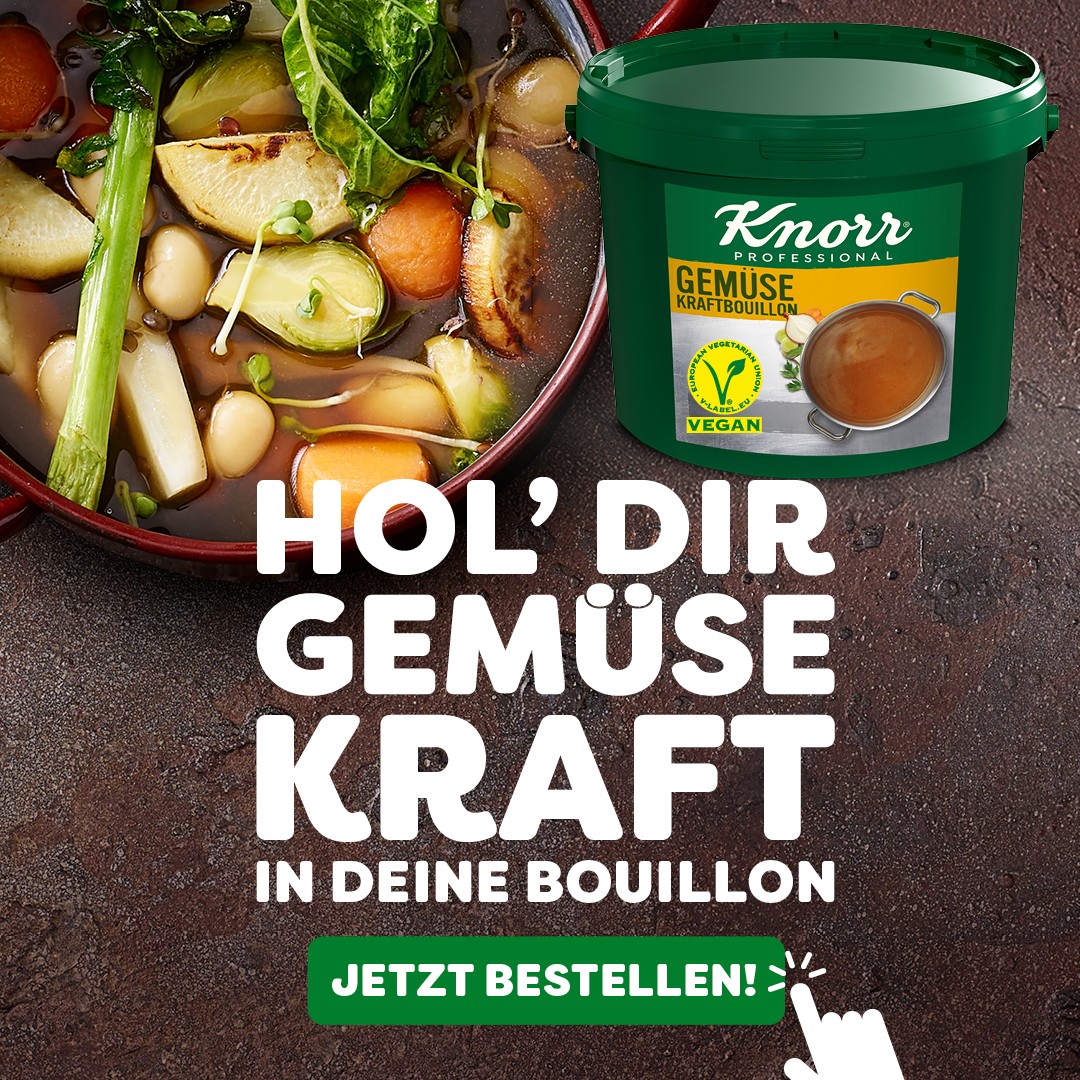 Hol dir Gemüse Kraft in deine Bouillon mit der Knorr Professional Gemüse Kraftbouillon. Jetzt bei deinem Händler kaufen.