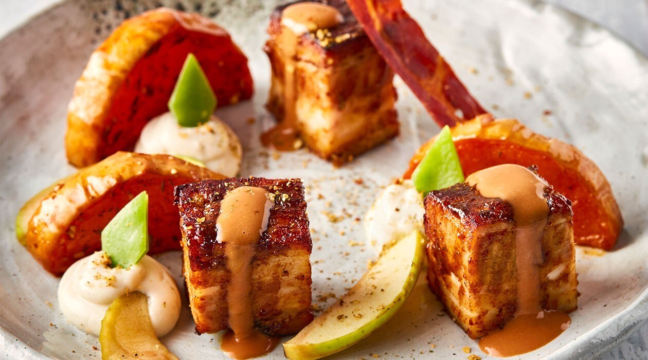 Future Menu Rezept: Langsam gegarter Schweinebauch mit Blumenkohlpüree