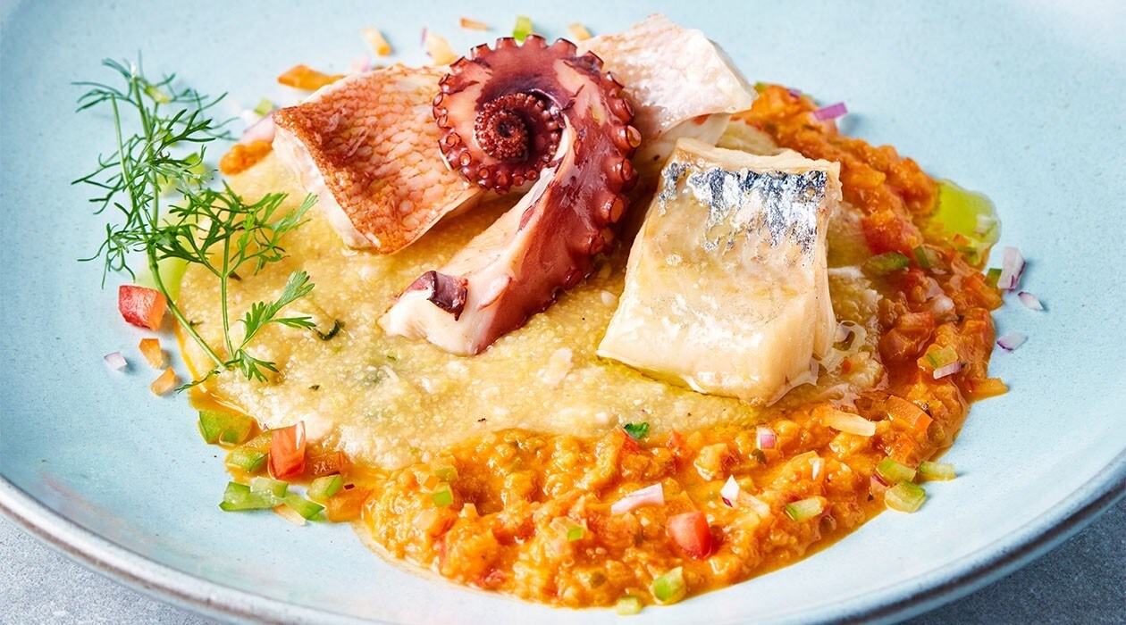 Future Menu Rezept: Tintenfisch, Kabeljau und Zackenbarsch mit Tomaten- und Paprikasauce