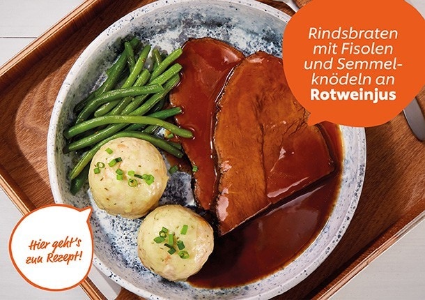 Rinderbraten mit Bohnen und Semmelknödeln an Rotweinjus Rinderbraten mit Bohnen und Semmelknödeln an Rotweinjus